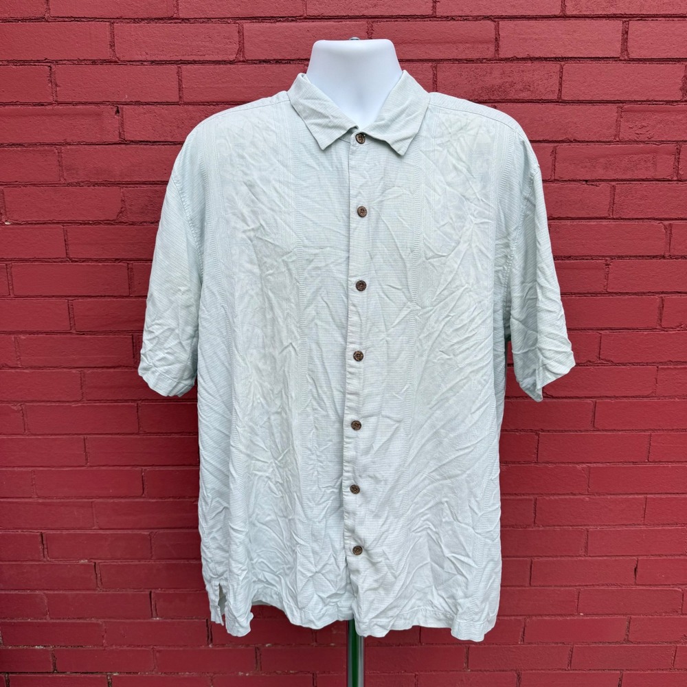 Tommy‎ Bahama Silk Shirt Mens Sise XL Aloha Beach Palm Tree Textured Light Teal